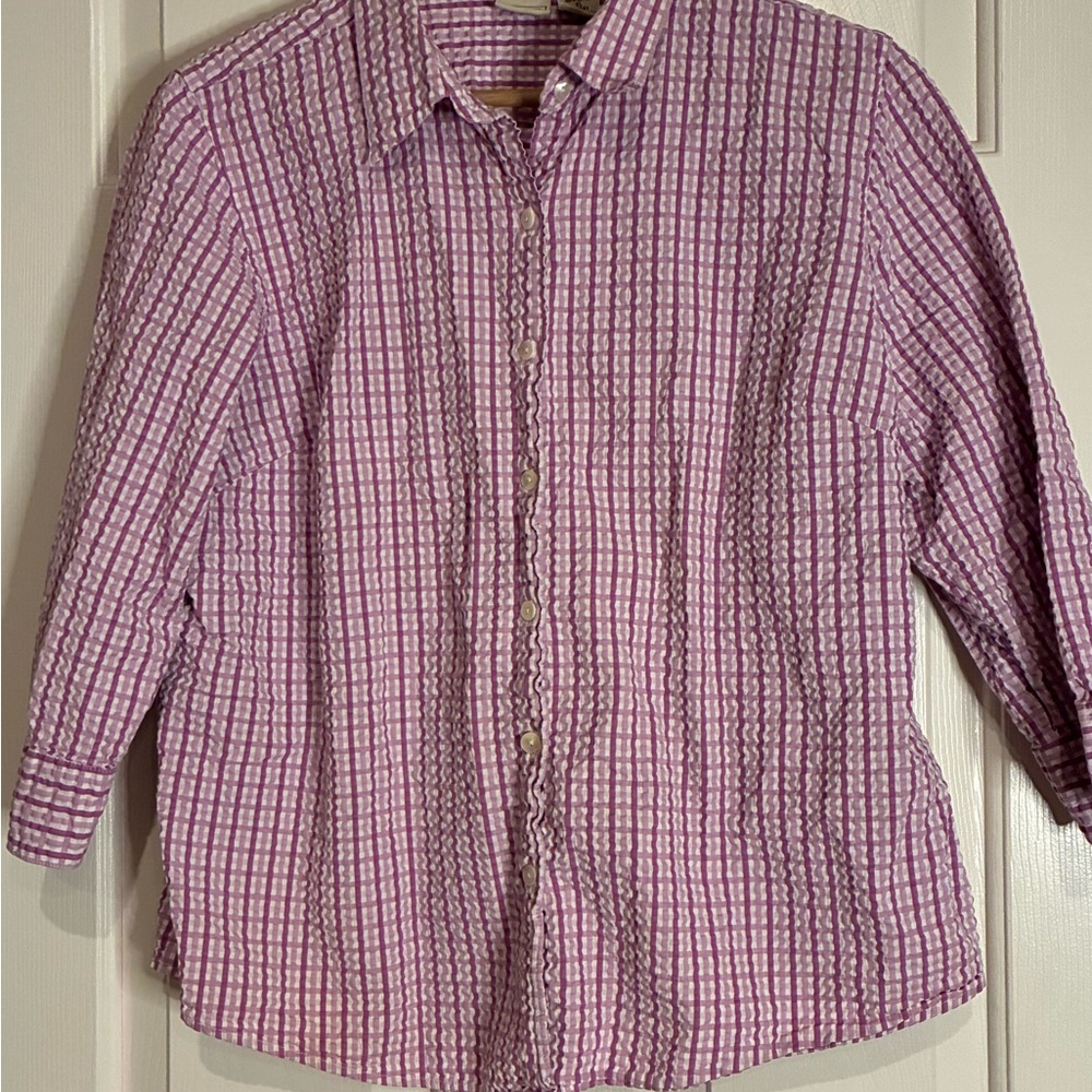 L.L. Bean Women's Purple Checkered Button Down Shirt - Picture 2 of 8